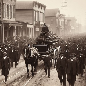 Afican American mourners accompany a horse-drawn carriage and casket circa 1900. Image created with the assistance of AI.